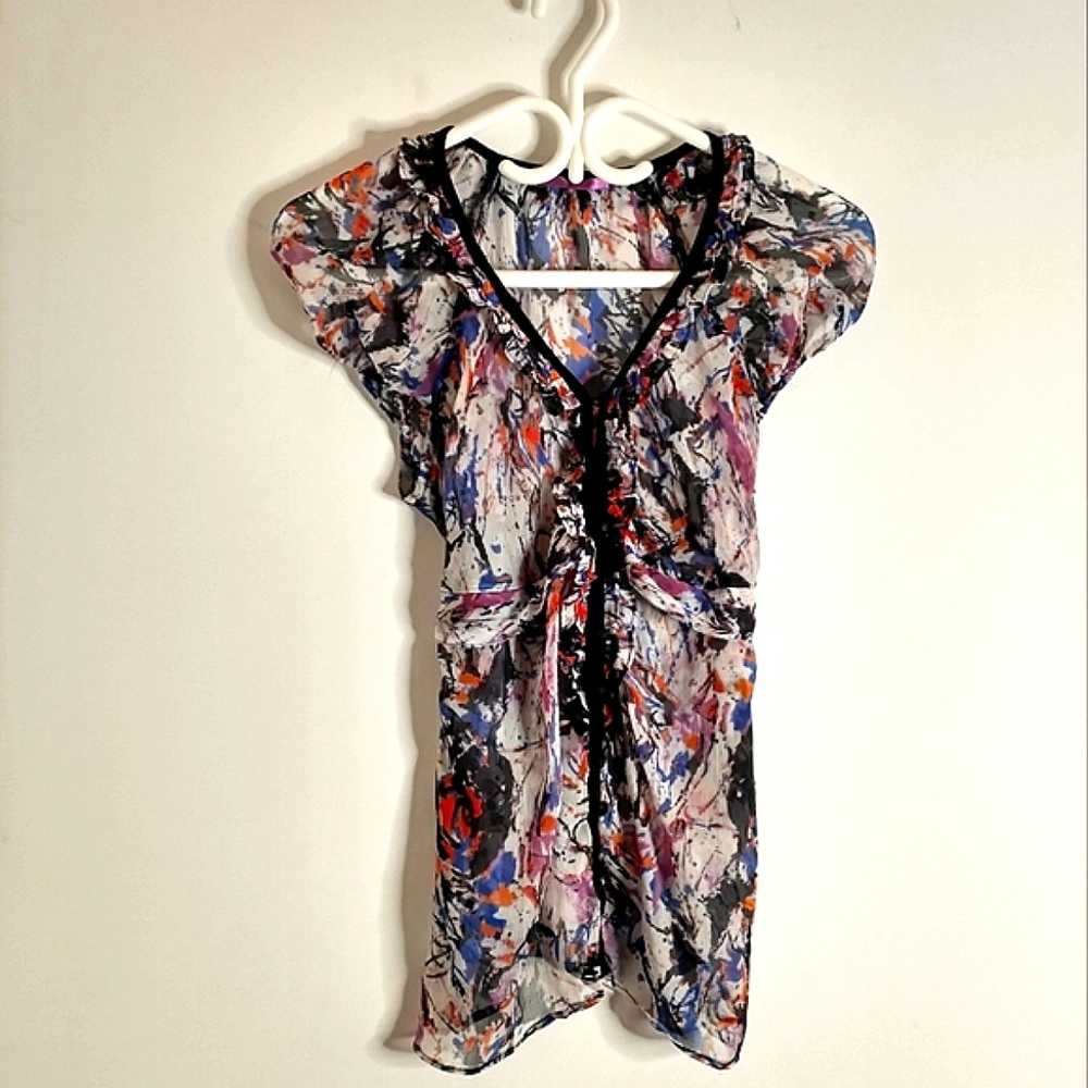 Smart Set Colourful Artsy Blouse With Ruffled V-Neck Size S